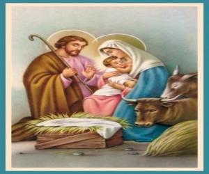 yapboz Kutsal Aile - Joseph, Meryem ve öküz ve katır ile yemlik bebek İsa
